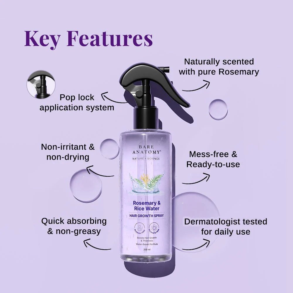 Bare Anatomy Rosemary And Rice Water Hair Growth Spray Boosts Thickness Controls Hair Fall 200Ml
